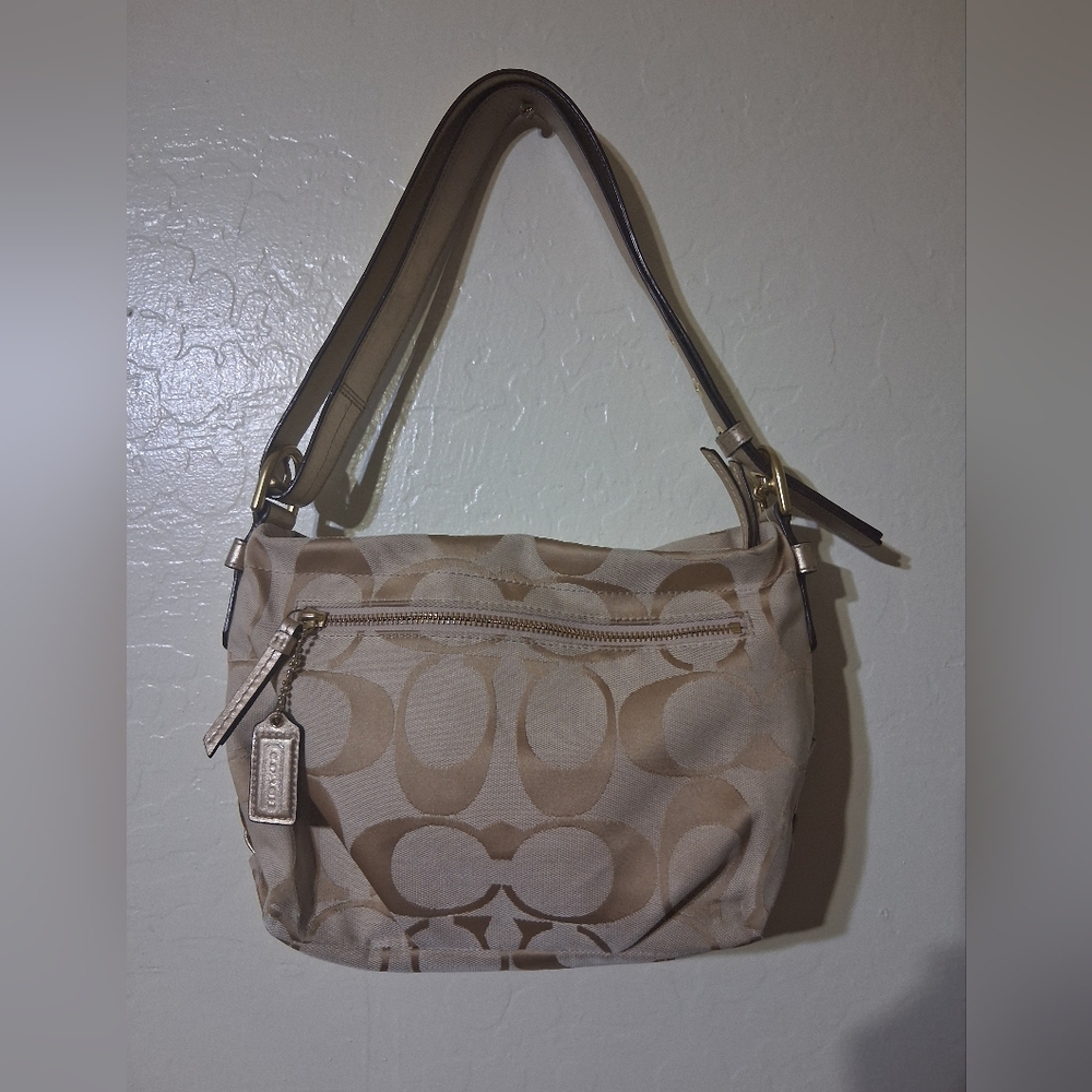 Coach Beige Signature Canvas Shoulder Bag with Gold Hardware - Picture 1 of 9